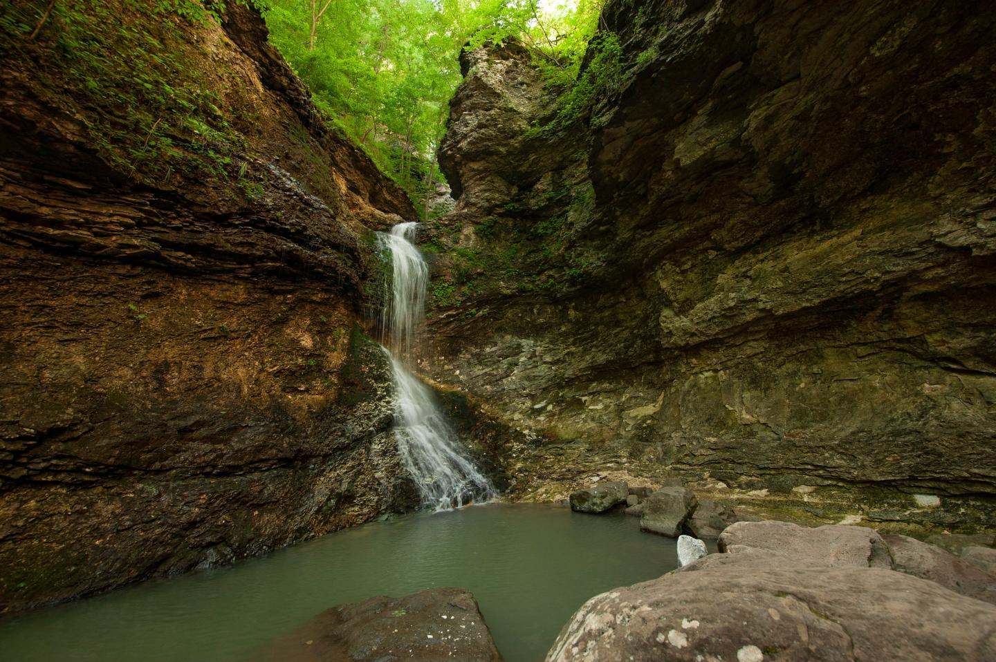 Waterfall cascading into a rocky pool in a lush, green forest setting.