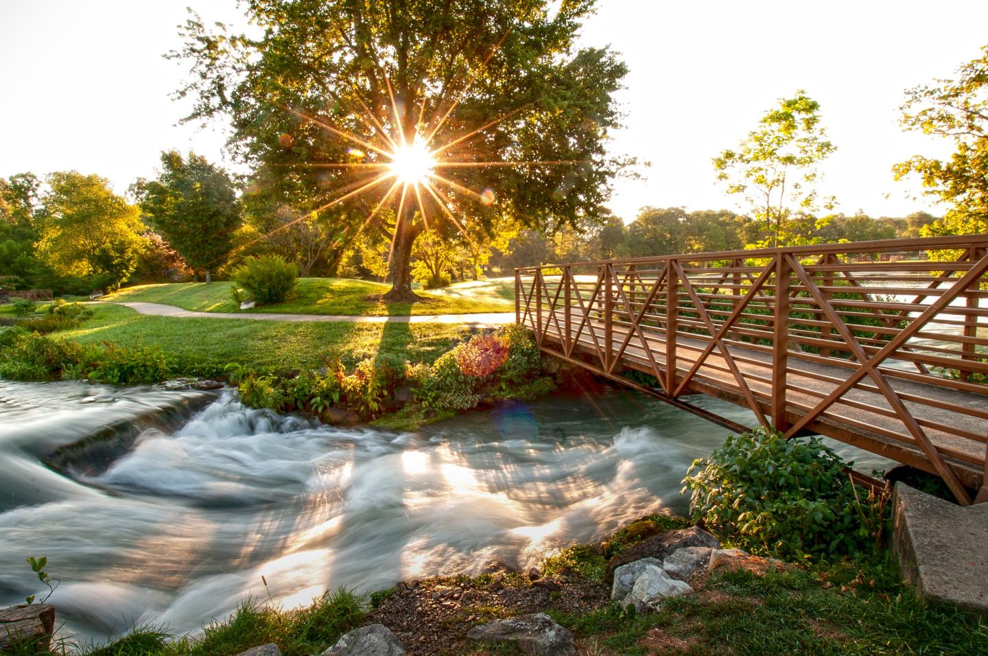 Sunset over a wooden bridge and flowing stream in a lush park.