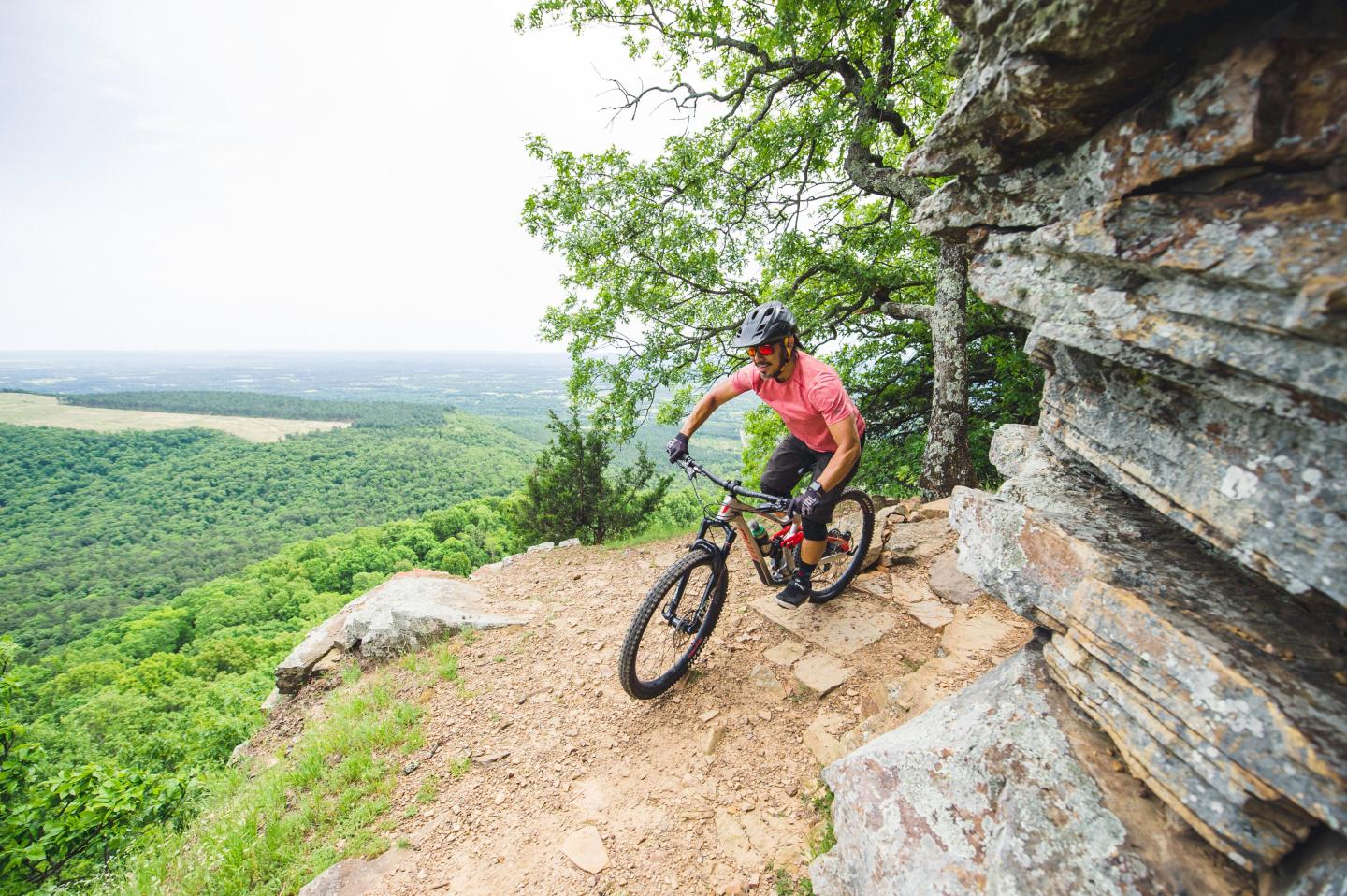 Mountain biker navigating a rocky trail with a scenic green vista.