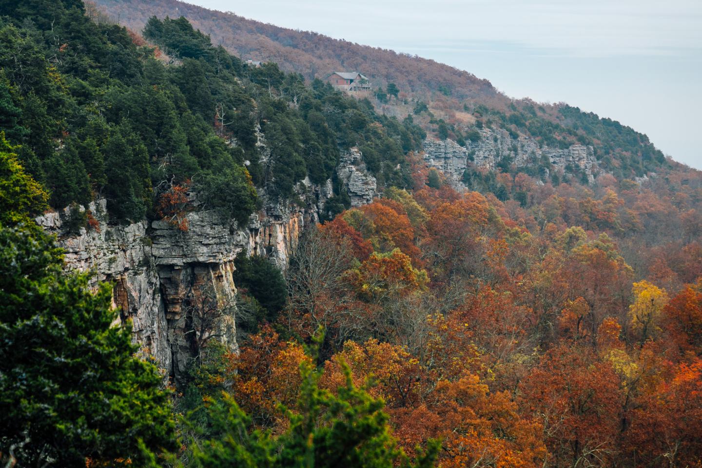 Autumn forest with colorful trees and rocky cliffs under a cloudy sky.