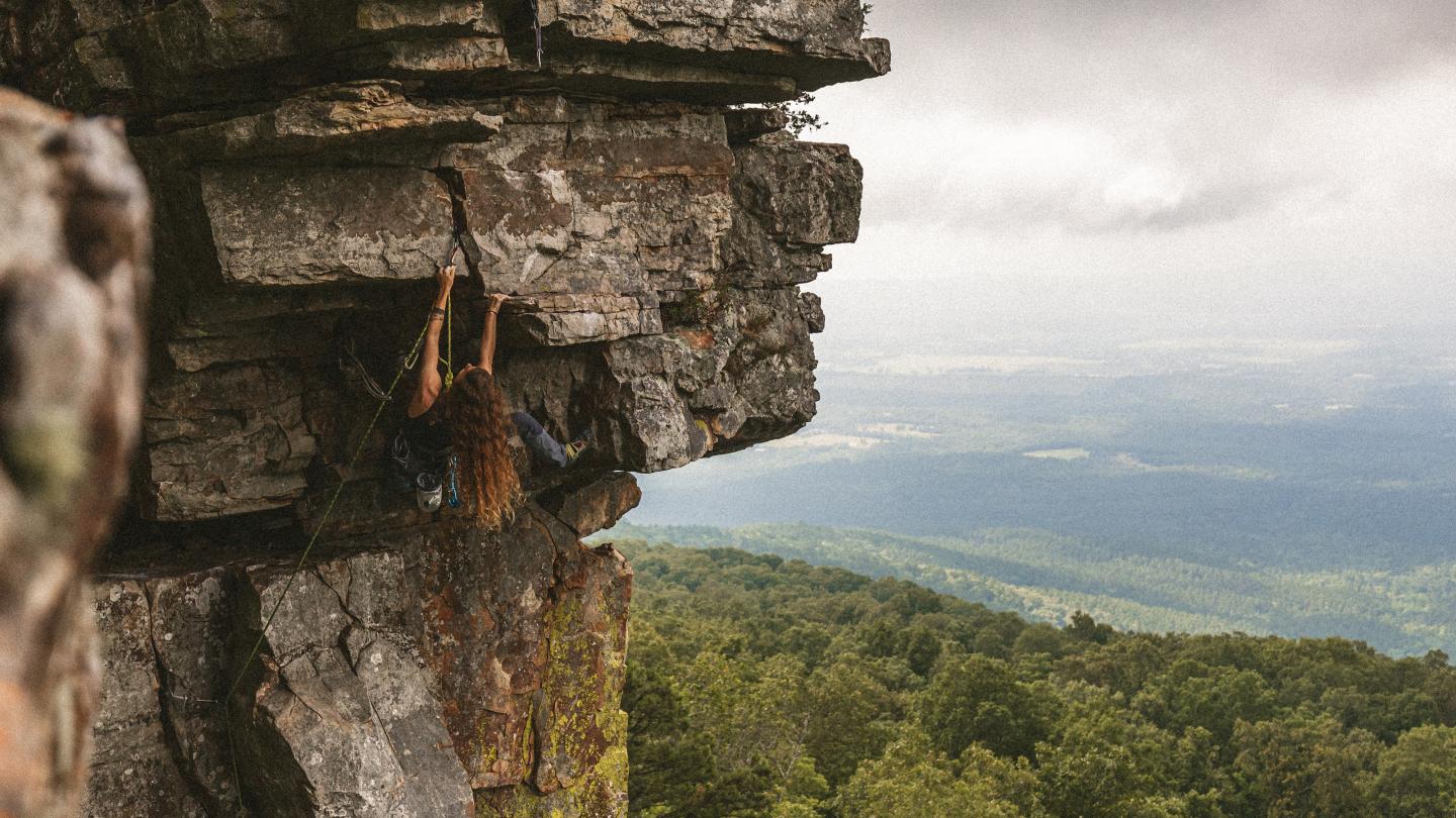 Rock climber scaling a cliff, lush valley in the background.