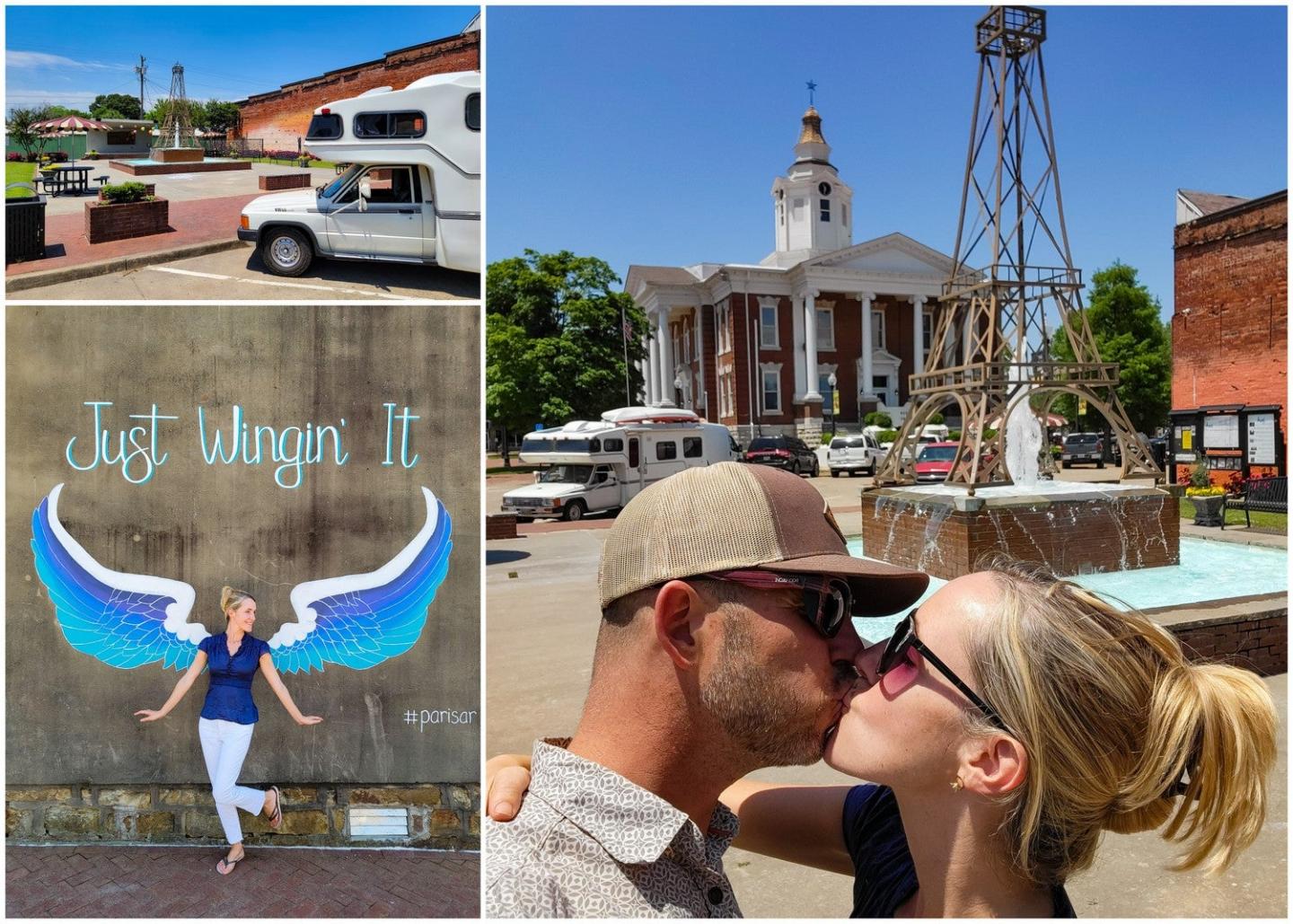 Collage with RVs, a couple kissing, a courthouse, and a person posing with painted wings.