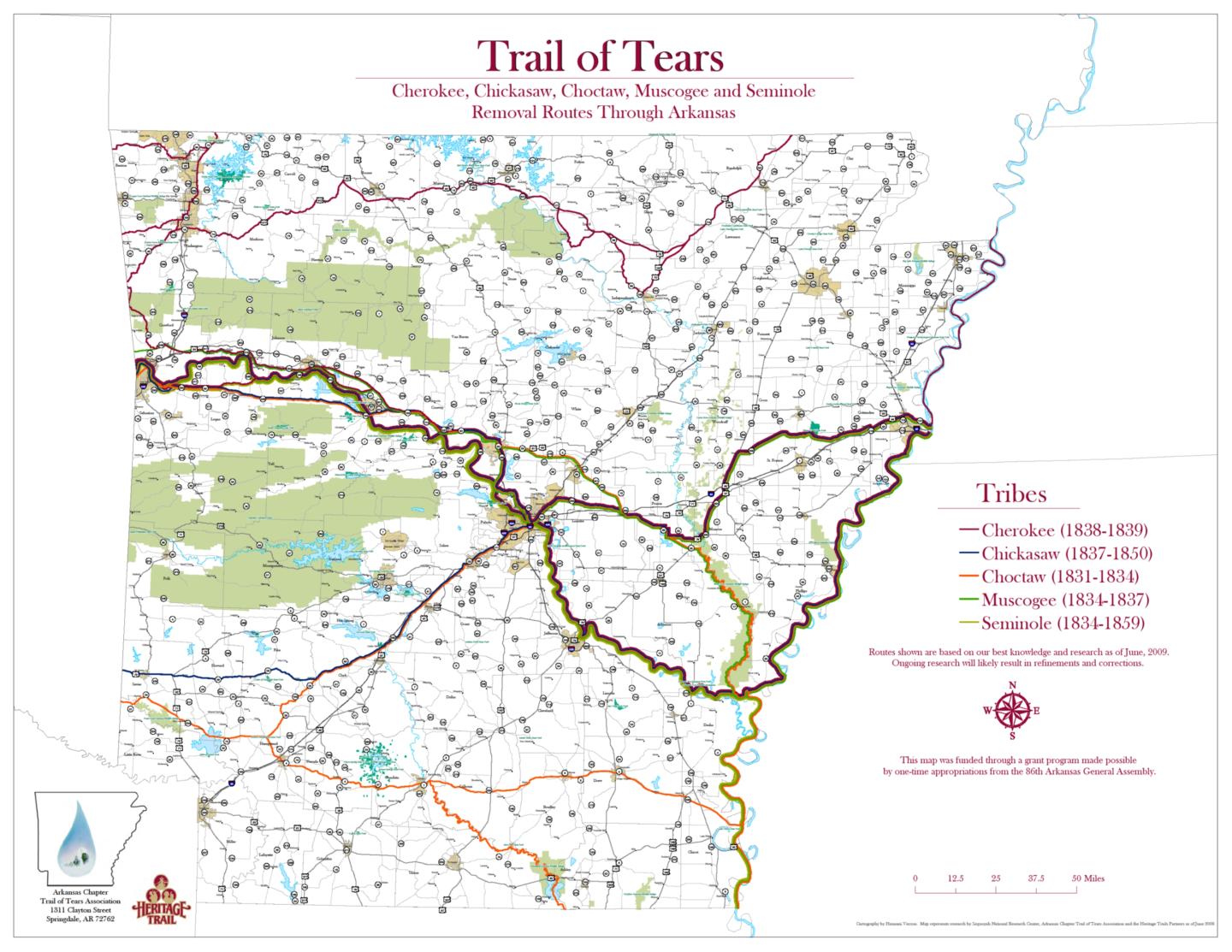 Map showing the Trail of Tears routes through Missouri.