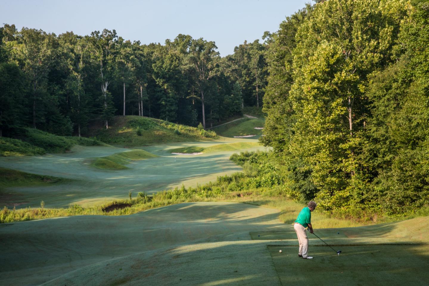 Golfer preparing to swing on a lush green course surrounded by trees.