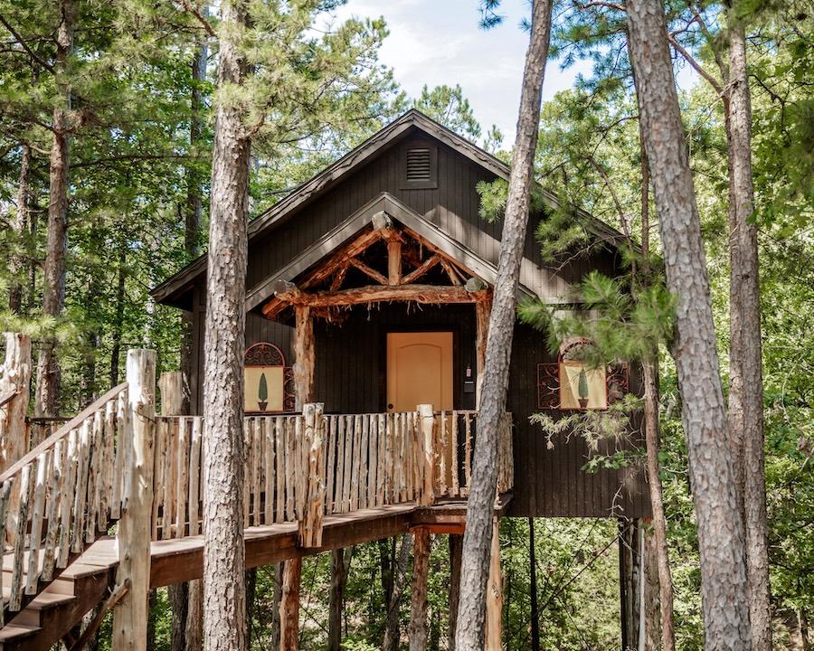 Treehouse with wooden railing, nestled among tall green trees.