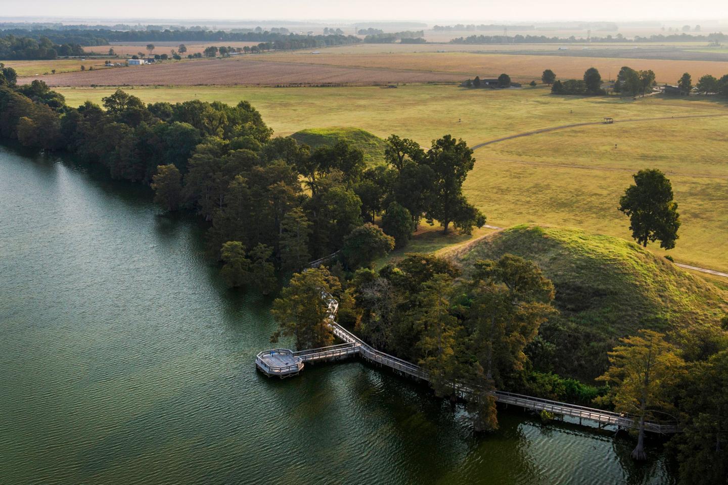 Aerial view of a river with trees and fields under a clear sky.
