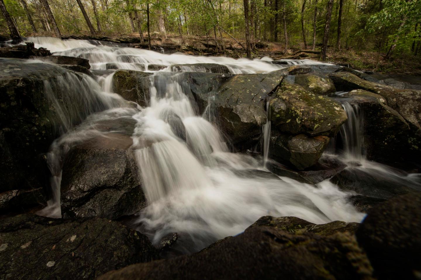 Waterfall cascading over rocks in a forest.