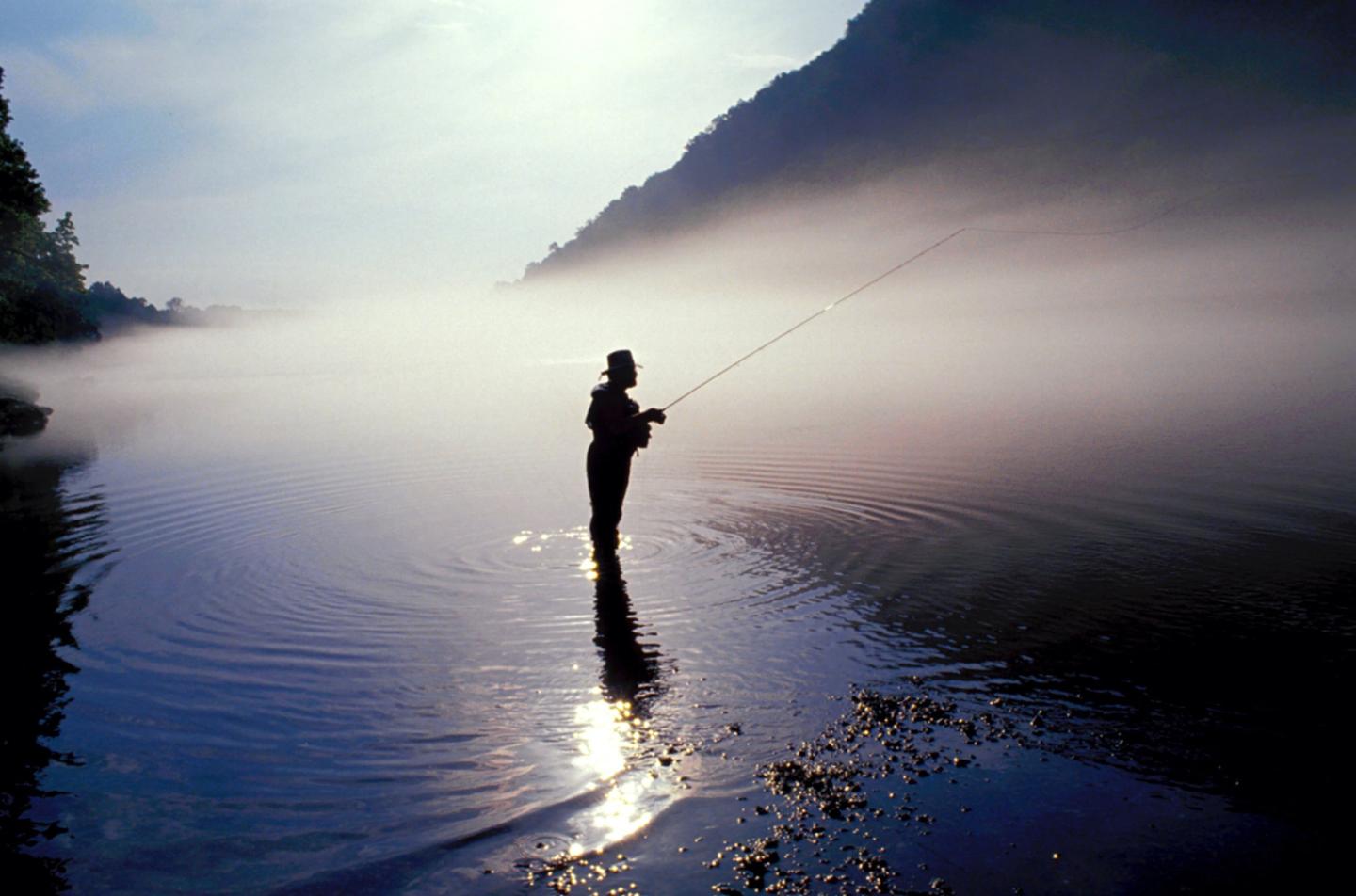 Silhouette of person fishing in tranquil misty lake at sunrise.