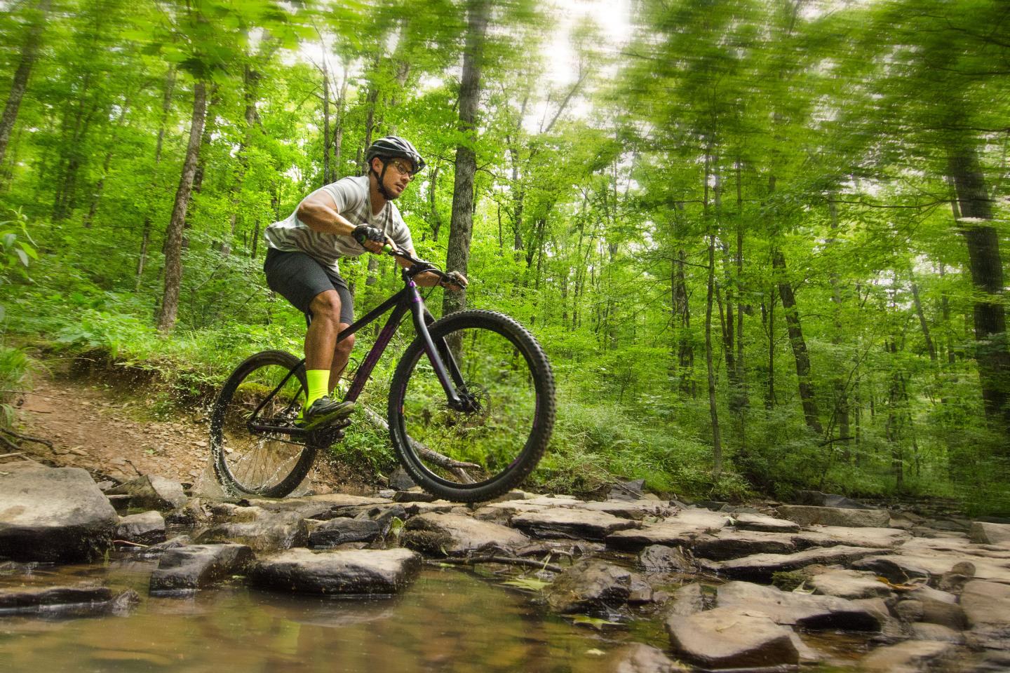 Mountain biker crossing rocky stream in lush green forest.