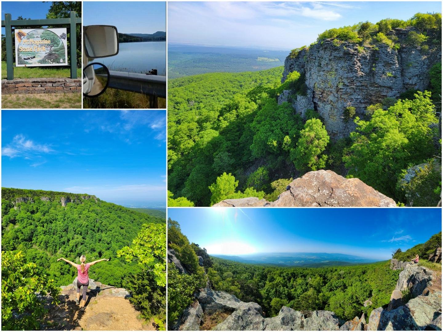 Collage of scenic views of lush green mountains and blue sky.
