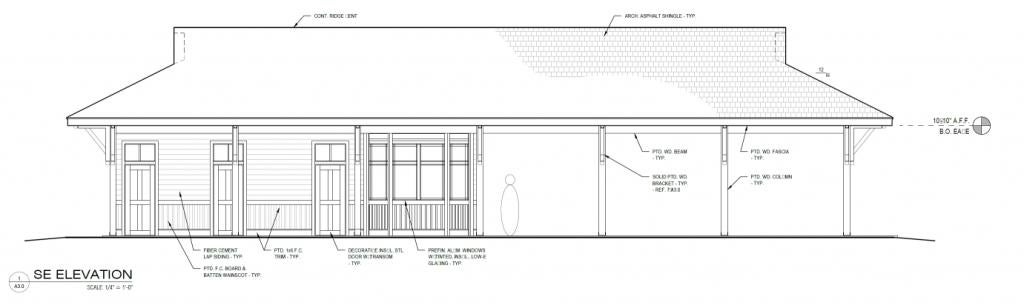 Architectural sketch of a building's exterior facade with labels.