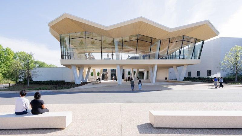 The Cultural Living Room, AMFA's signature community space, offers panoramic views of  the 1937 facade and courtyard.