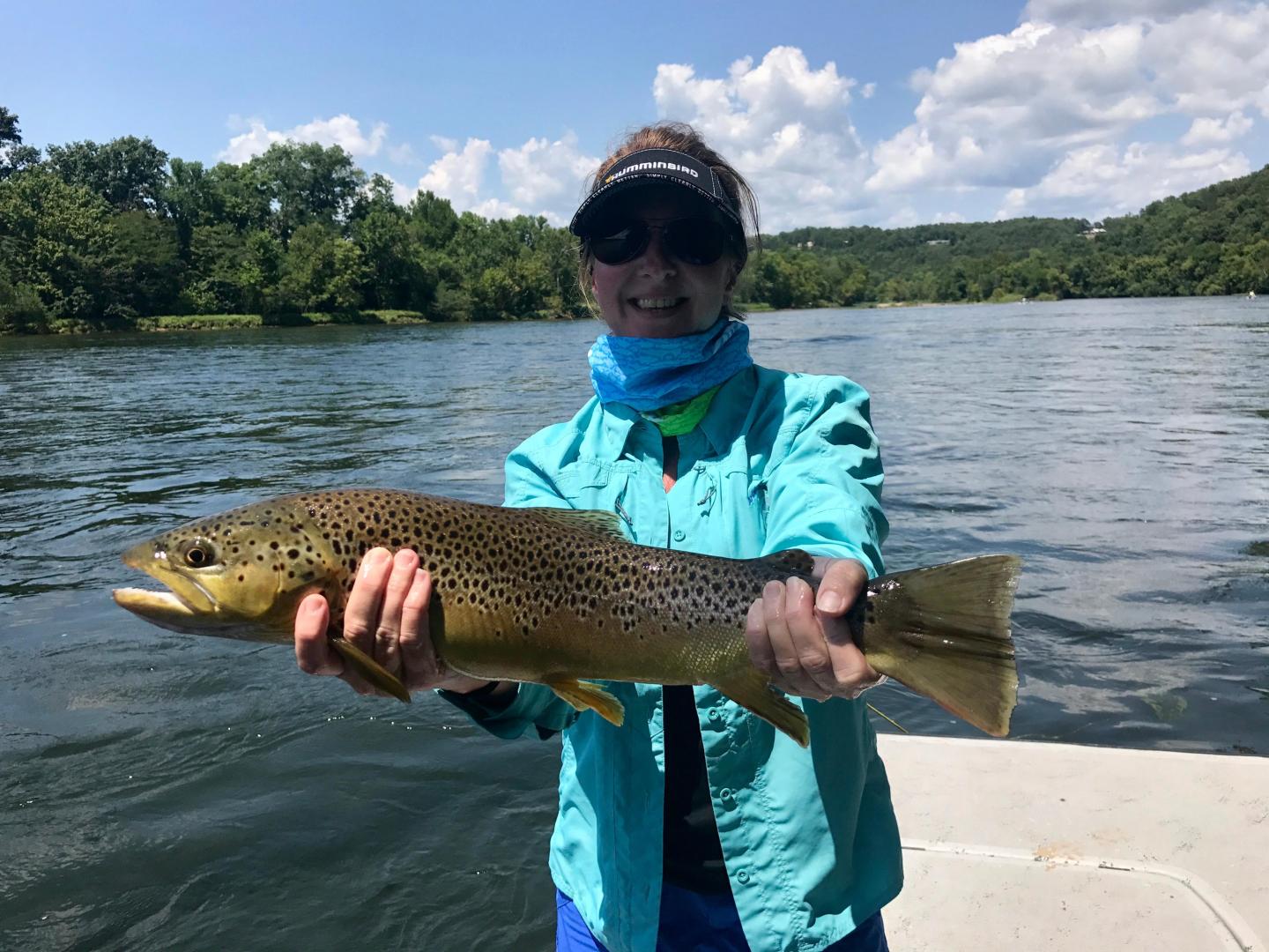 Person holding a large brown trout on a sunny day by a river.