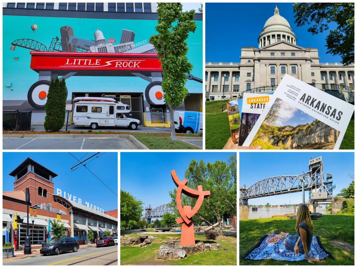 Collage of Little Rock sights: mural, capitol, market, sculpture, bridge with picnic blanket.
