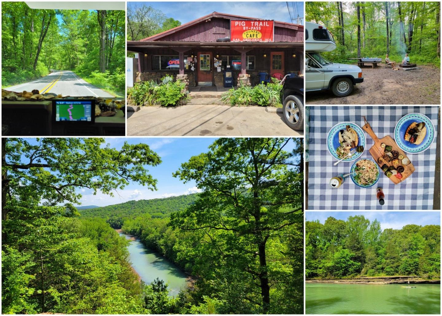 Scenic drive, cabin with porch, picnic setup, car camping, lush green forest, river view.