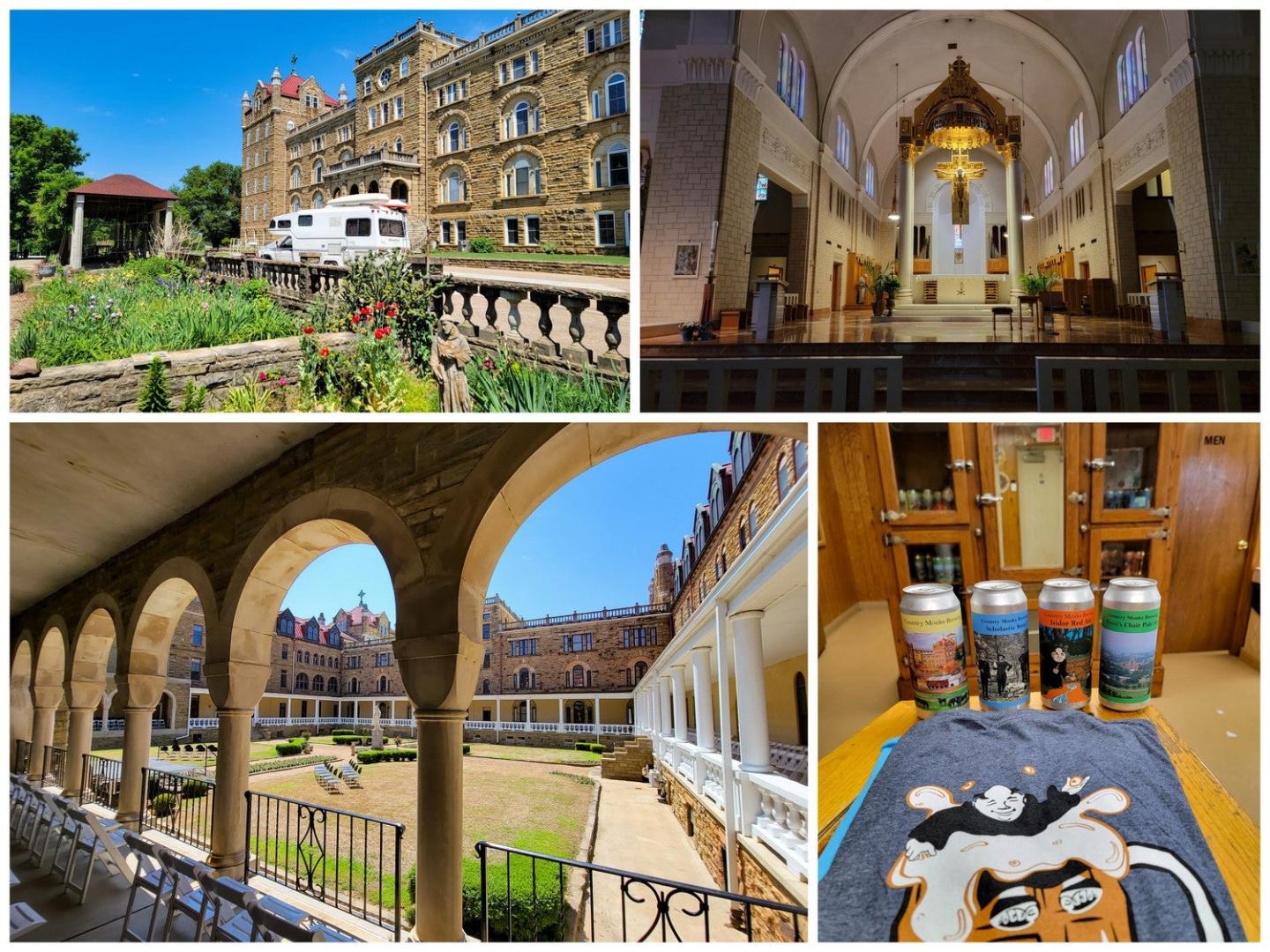 Historic building with garden, church interior, cloister corridor, and craft beer cans.