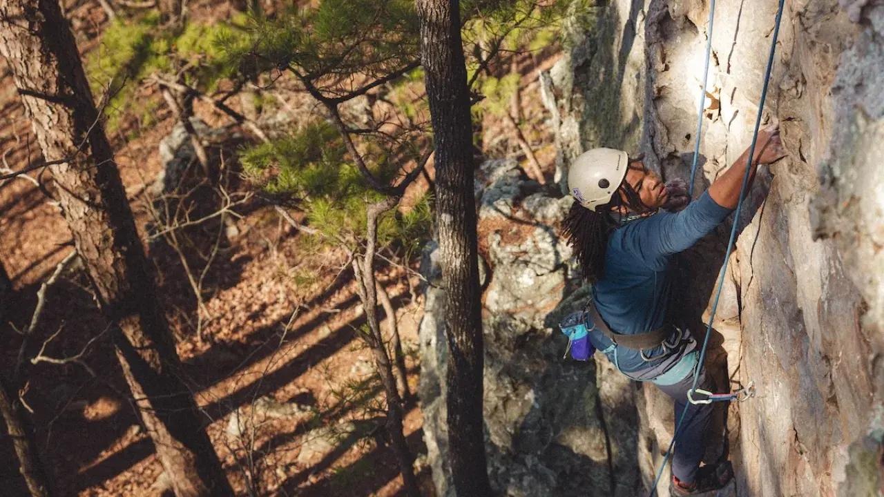 Climber scaling a sunlit rock face in a forest.