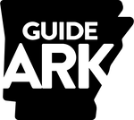 Black outline of Arkansas with white text displaying Guide ARK.