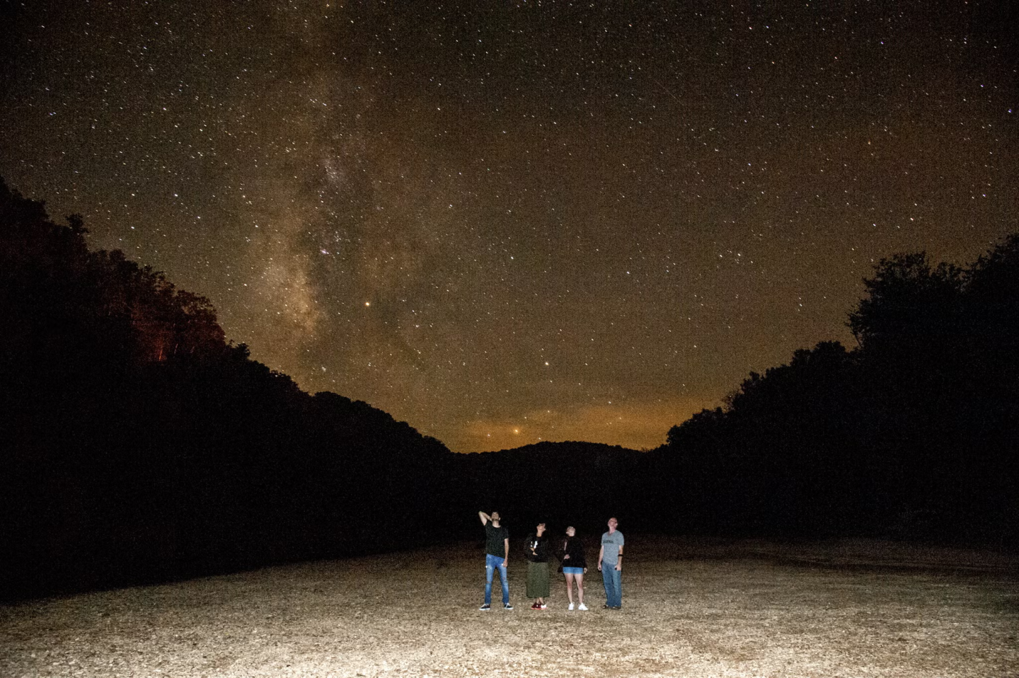Group stargazing under a starry night sky with the Milky Way visible.