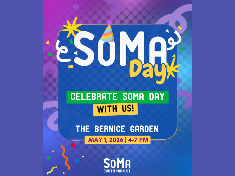 Colorful Soma Day event poster with confetti and text details.