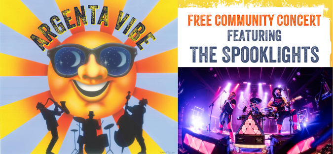Sun with sunglasses, band silhouettes on left; concert stage with colorful lights on right.