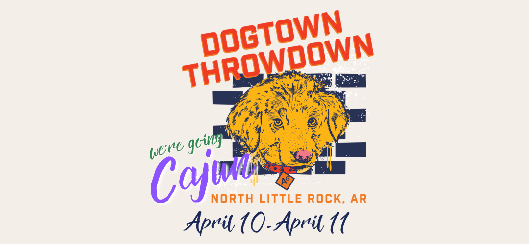 Logo with a stylized yellow dog, text, and event details for Dogtown Throwdown.