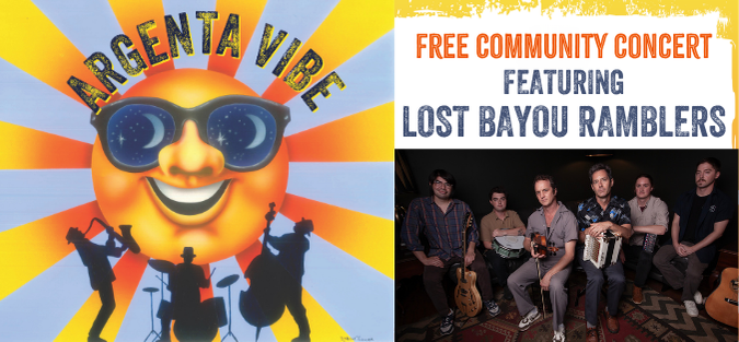 Sun with sunglasses and band silhouette; band seated with instruments.