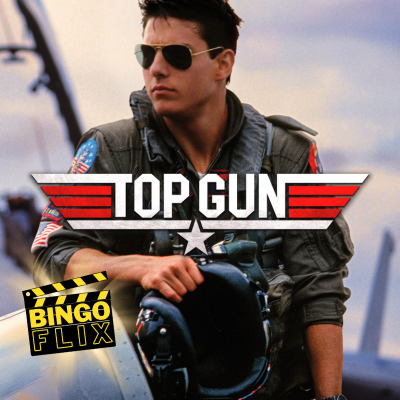Pilot in sunglasses with helmet, Top Gun logo overlay.