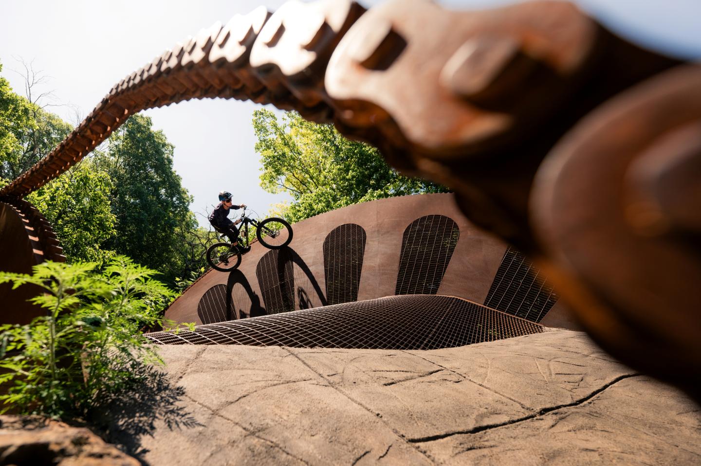 Biker on a ramp in a natural setting with trees, viewed through a rusty chain decoration.