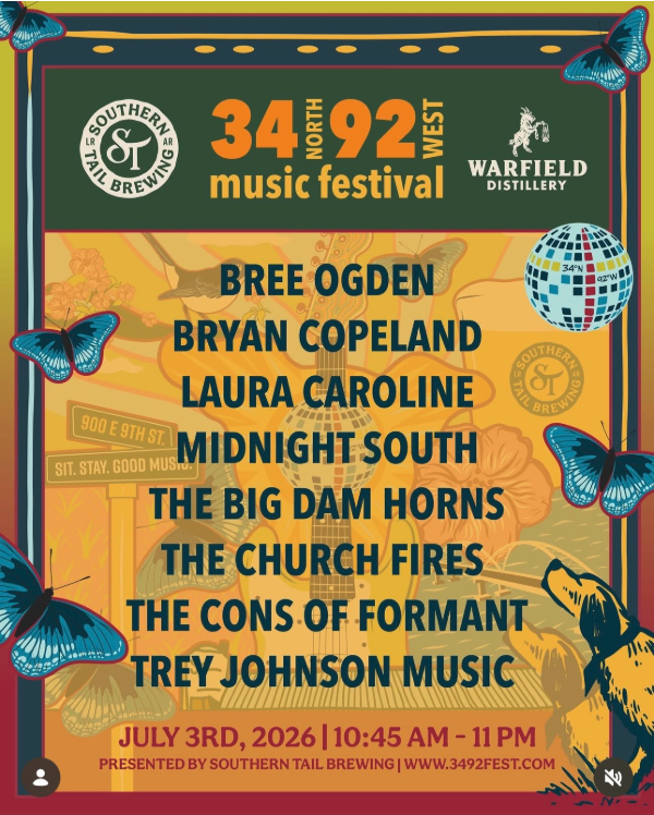 Music festival poster with band names and butterflies.
