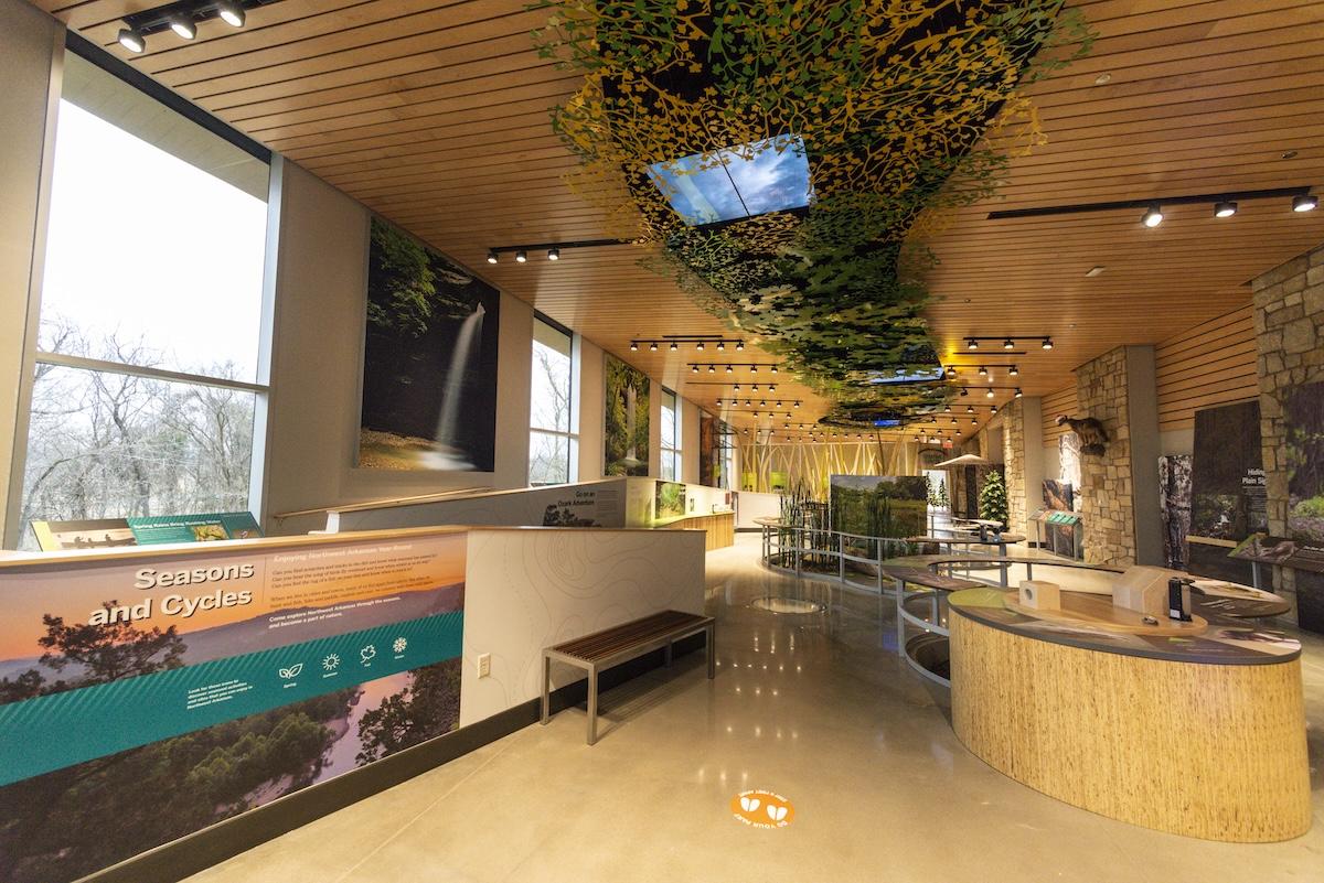 Modern visitor center with wooden decor and nature displays.