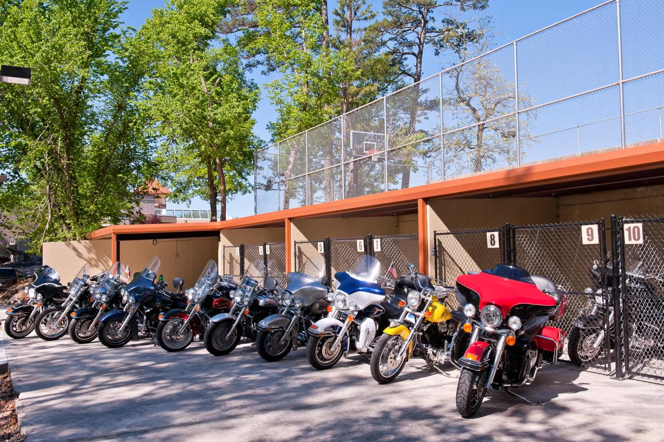 Motorcycles parked in a row under a sunny sky, near a fenced area with trees.