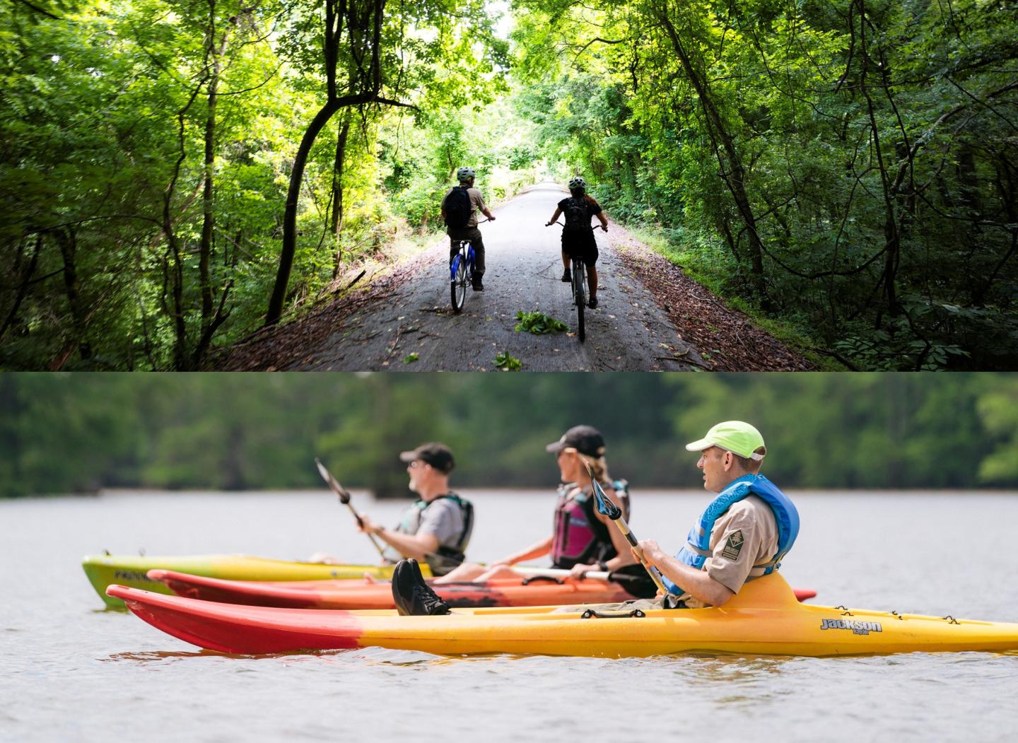 Cyclists on a forest path above, kayakers on a calm lake below.