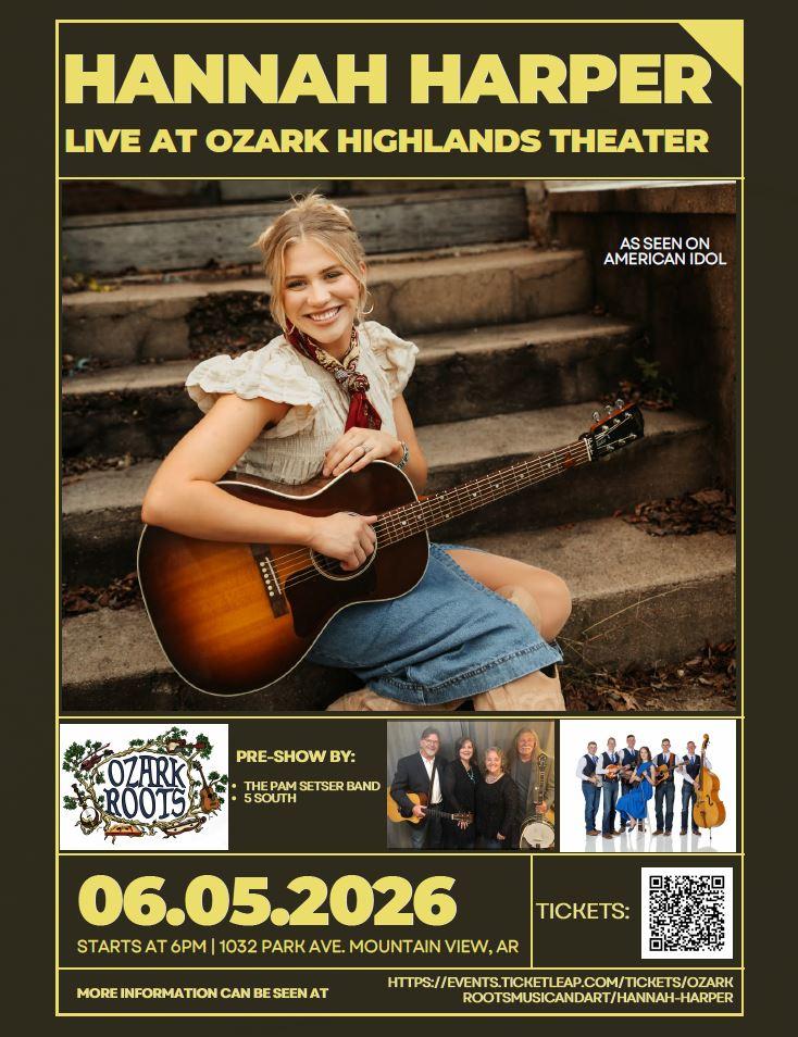 Young woman with guitar sitting on stone steps, smiling. Event details below.