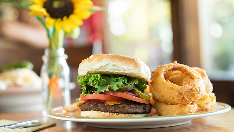 Burger with onion rings on a plate, sunflower in a vase nearby.