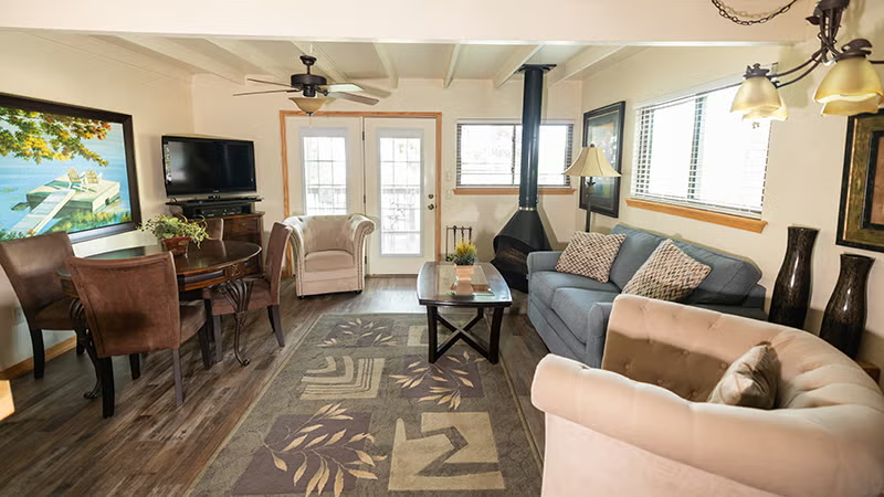 Cozy living room with couches, dining table, and a TV, brightened by natural light.