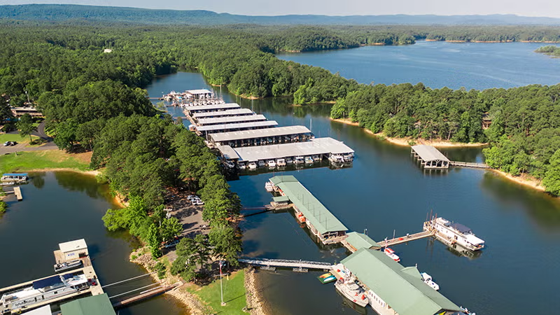 Aerial view of a marina with docks surrounded by a lush forest and a lake in the background.