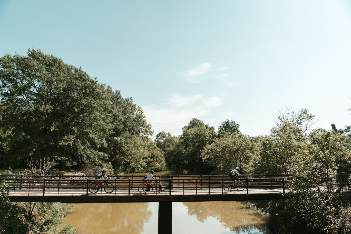 Cyclists on a bridge over a calm river surrounded by trees.
