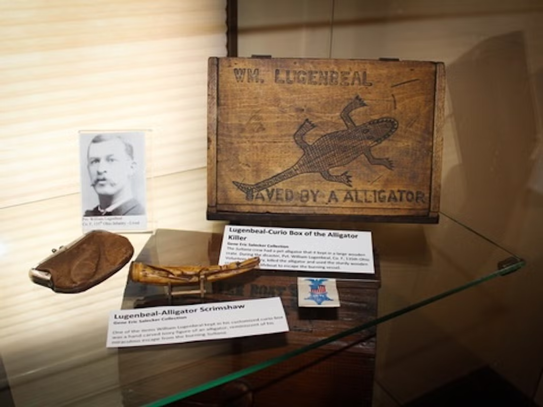 Display case with alligator box, photograph, and small artifacts.