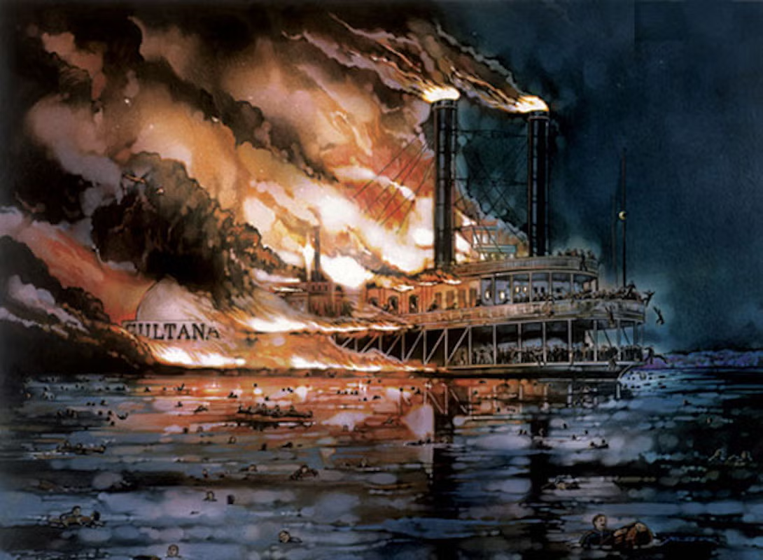 Steamboat engulfed in flames at night on a reflective river.