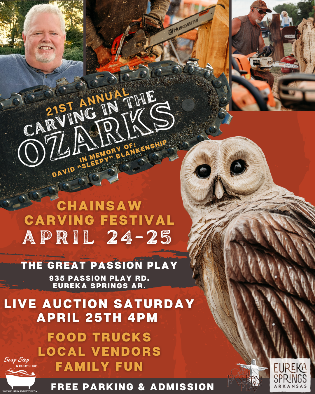 Chainsaw carving festival poster with an owl sculpture and event details.