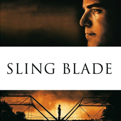 Profile of a man in shadow above a bridge at sunset, text "Sling Blade" in the center.
