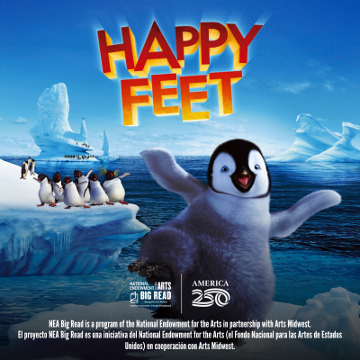 Dancing penguin on icy landscape, Happy Feet logo above.
