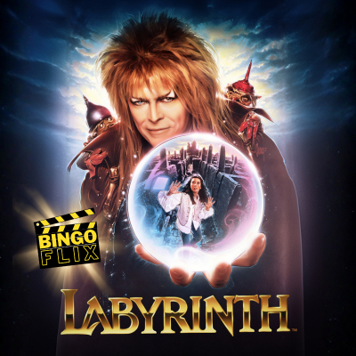 Character holding crystal ball with cityscape, "Labyrinth" title below.