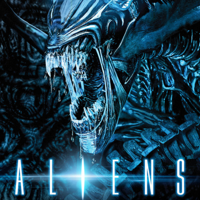 Fierce alien with sharp teeth in blue light, text "ALIENS" below.