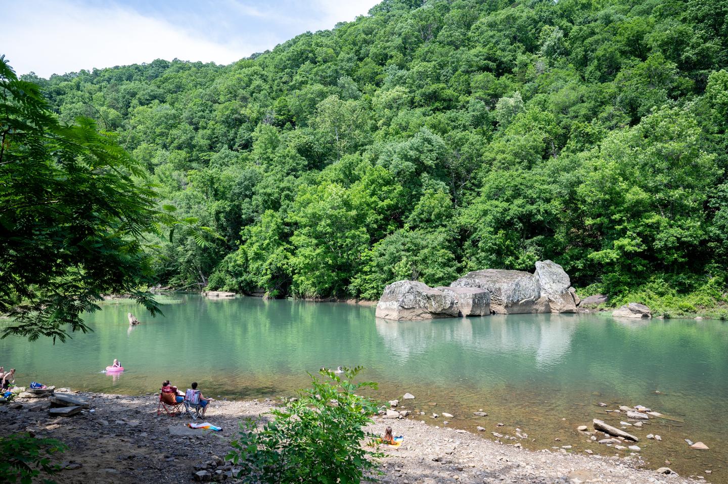 Lush green trees surround a calm river with a rocky shoreline.