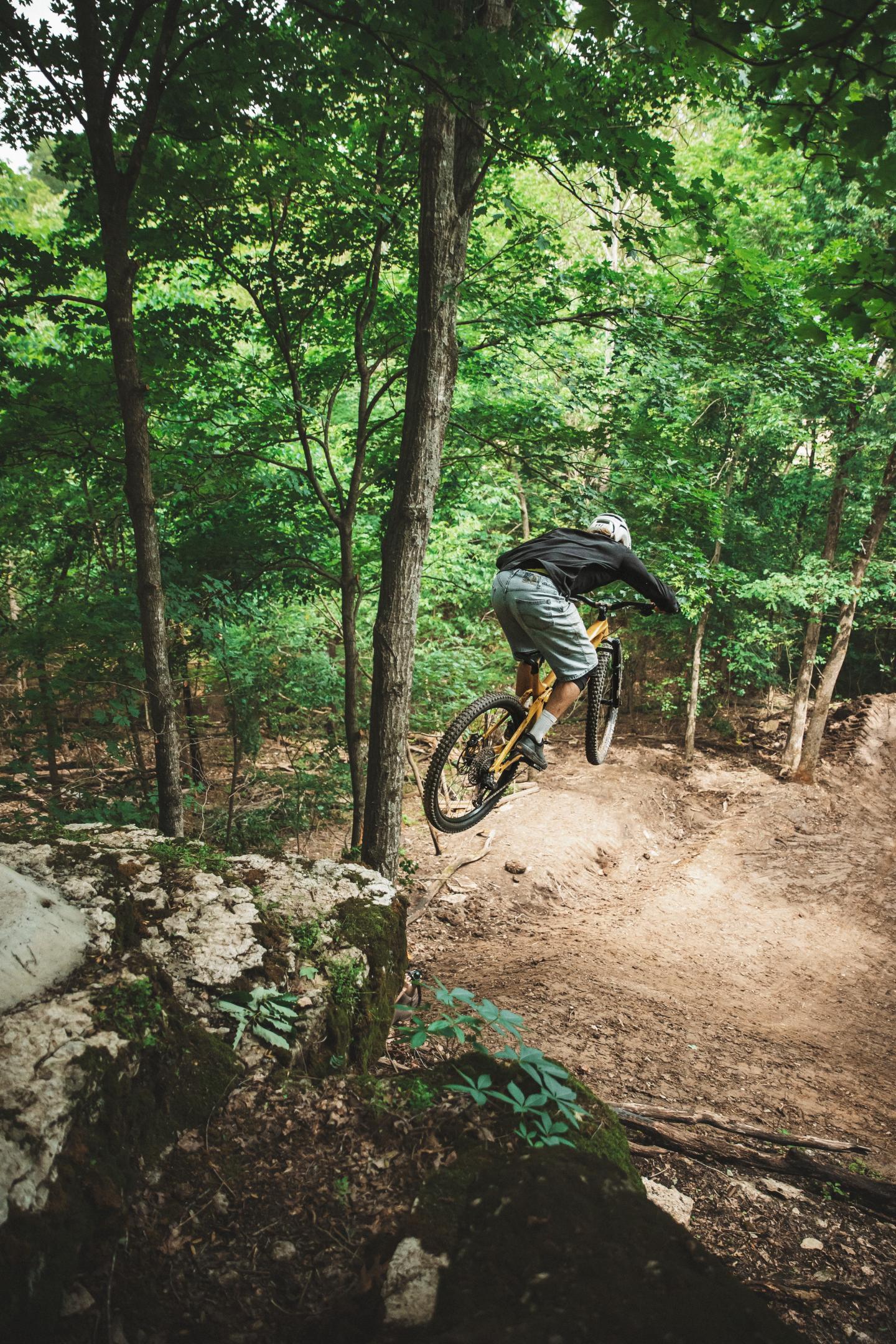 Mountain biker jumps a dirt trail in a lush forest.