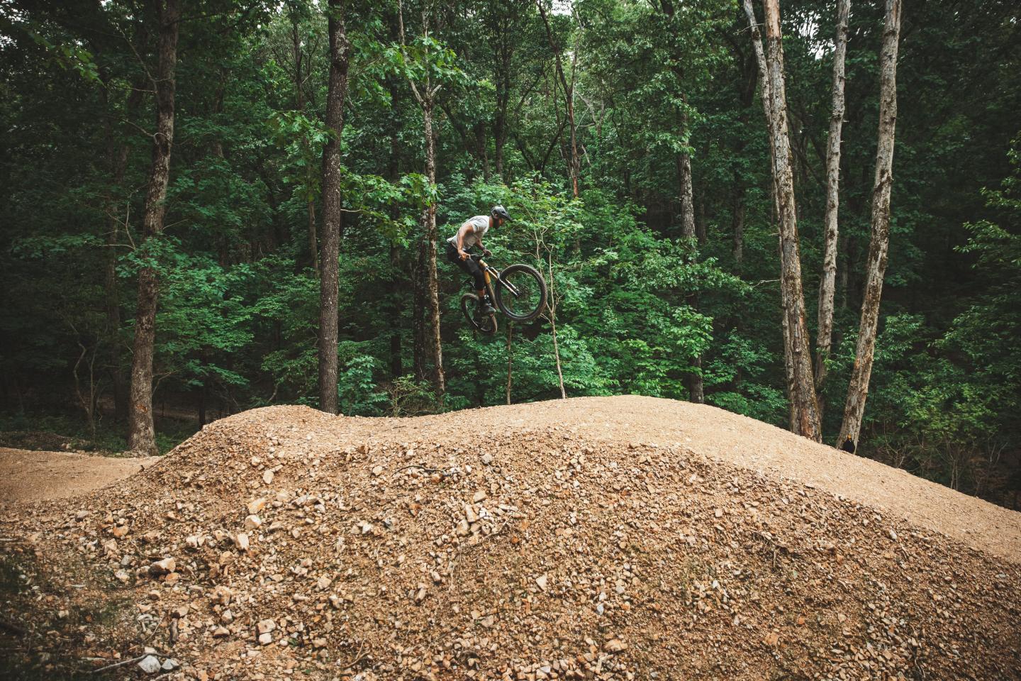 Cyclist jumping dirt hill in forest.