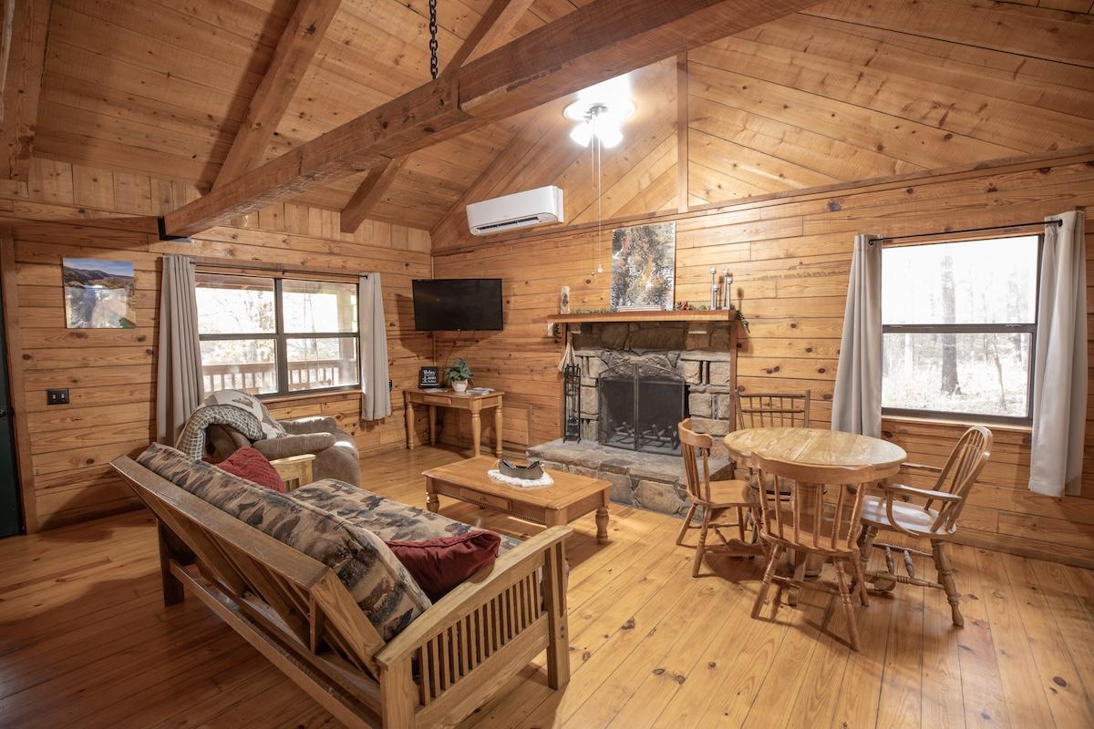 Cozy wooden cabin living room with sofa, fireplace, and dining table.