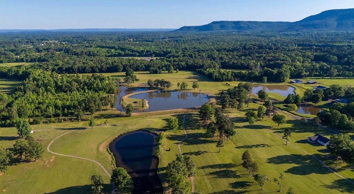 Aerial view of a green landscape with ponds, trees, and distant mountains under a clear sky.